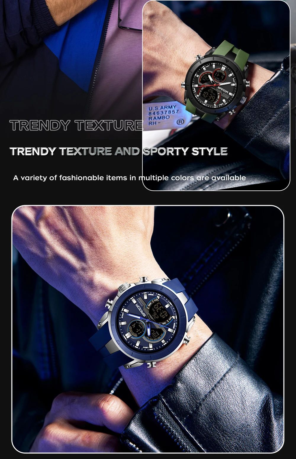 SANDA Mens Watches Countdown Waterproof Alarm Clock Wristwatch Multifunctional Luminous Men Quartz Digital Watch Alarm Clock