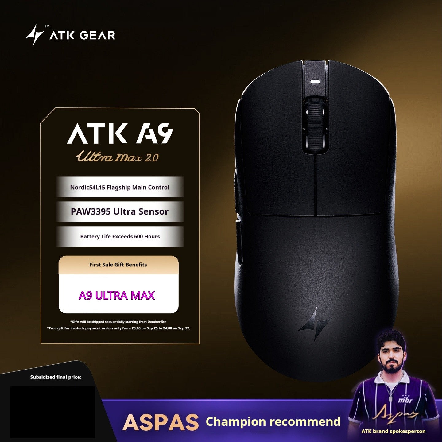 Mouse Gamer Sem Fio ATK A9 Ultra A9/A9 SE/A9 Plus/A9 Pro Tri Mode 8K Mouse Gamer 53g Leve Presente E-sports PC Personalizável