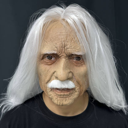 Realistic Old Man Latex Mask with Long White Hair & Mustache – Full Head Cosplay Helmet for Halloween Costume Party Props