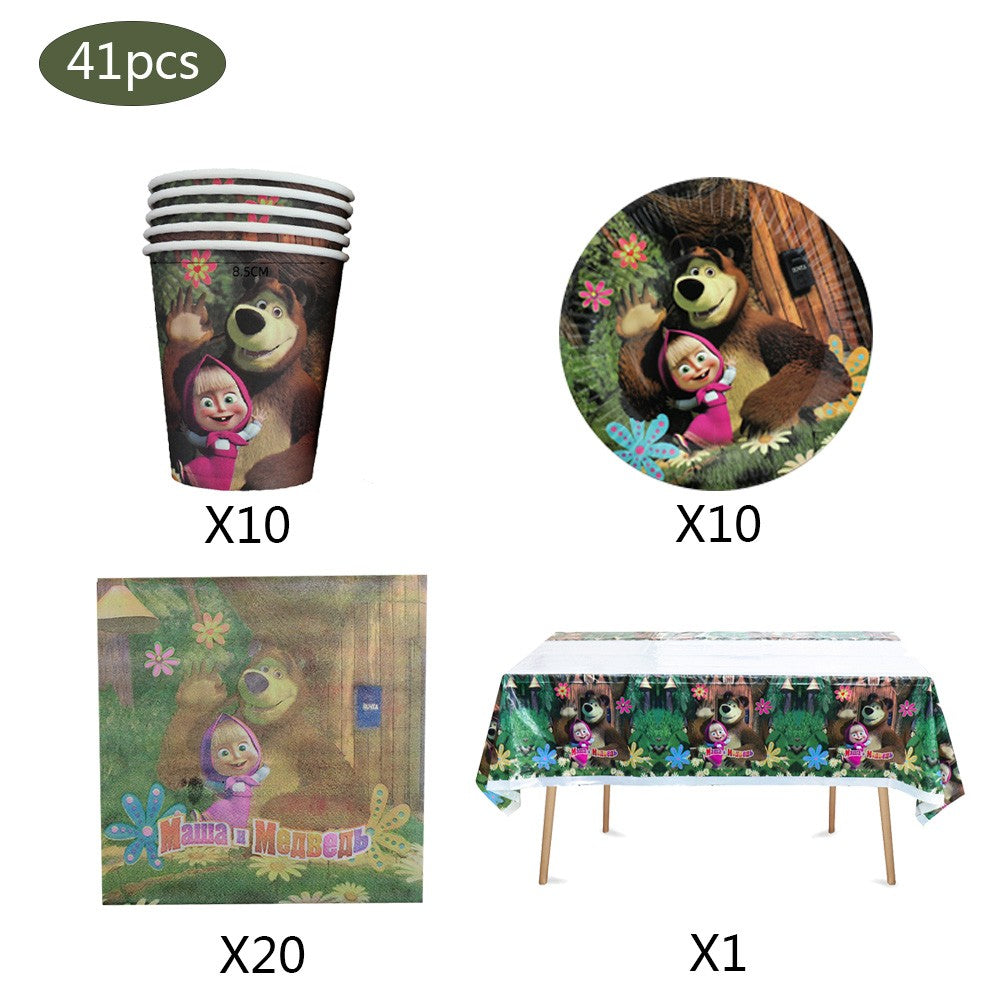 Masha and The Bear Theme Birthday Party Supplies Girls Masha Tableware Set Balloons Plates Cups for Kids Party Baby Shower Decor