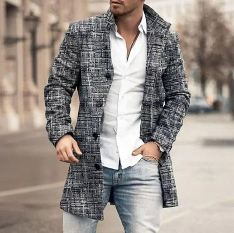 2025 Men's Casual Wool Blends Jacket Plaid Print Long Sleeve Buttoned Jackets Coats Tops Male Warm Outerwear Long Coats Men 4XL