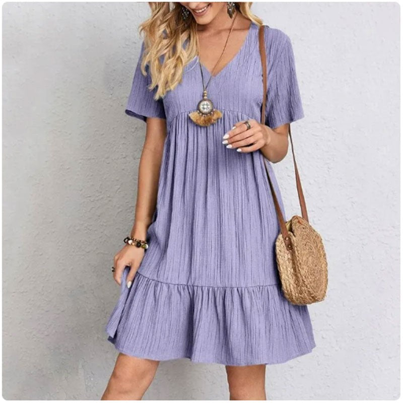 Women Summer Peplum Dresses Spring V-Neck Short Sleeve Loose Waist Ruffle Fit Fl