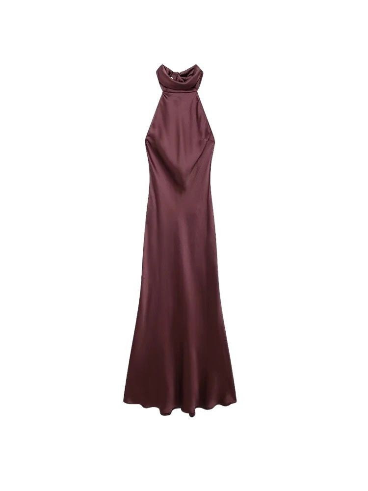 TRZA-Women's Long Satin Halter Dress, Backless, Bow Tied, Back Zipper, Female Dr