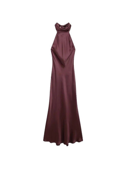 TRZA-Women's Long Satin Halter Dress, Backless, Bow Tied, Back Zipper, Female Dr