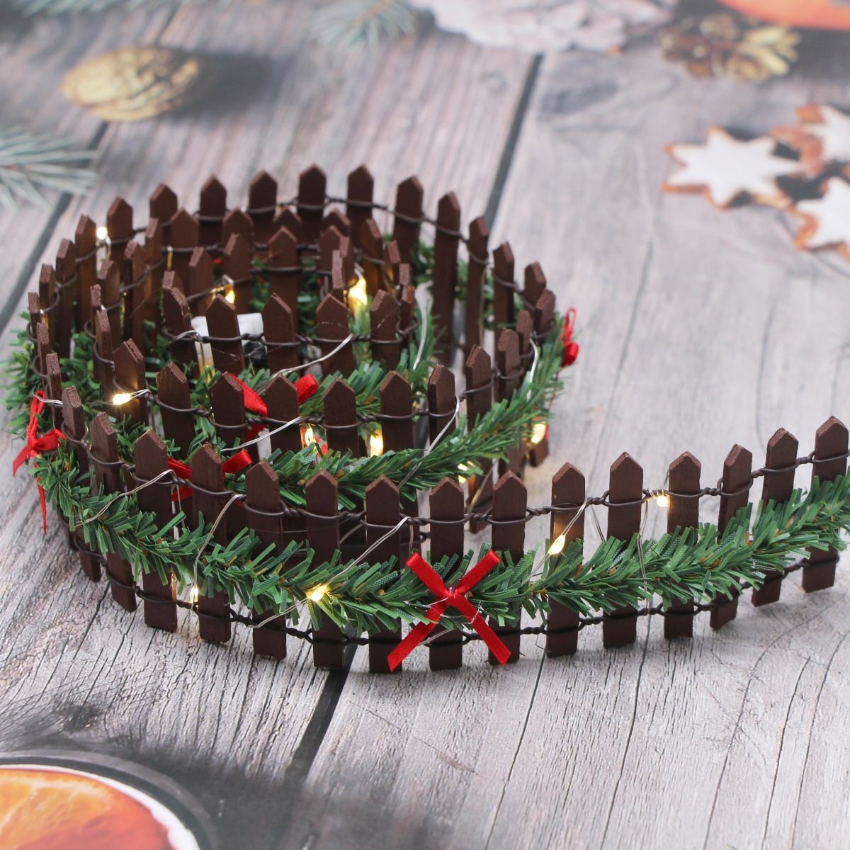 MicoLandscape Christmas Elf Fairy Garden Miniature Wooden Fence Handmade LED Light String Vine Landscape Greenery Evergreen Prop