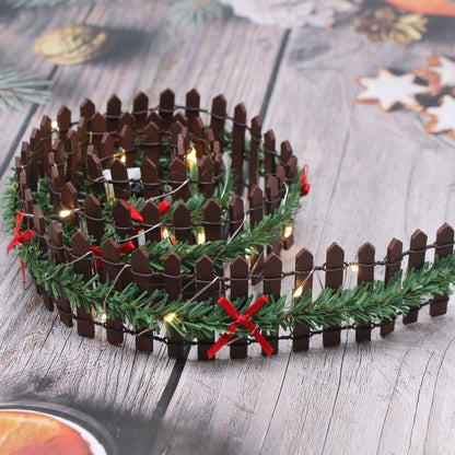 MicoLandscape Christmas Elf Fairy Garden Miniature Wooden Fence Handmade LED Light String Vine Landscape Greenery Evergreen Prop