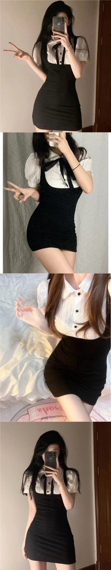 Summer Slimming Black White Splice Mini Dress Trendy Girl Outerwear Base College Style Patchwork Elegant Dress Princess Sleeve P