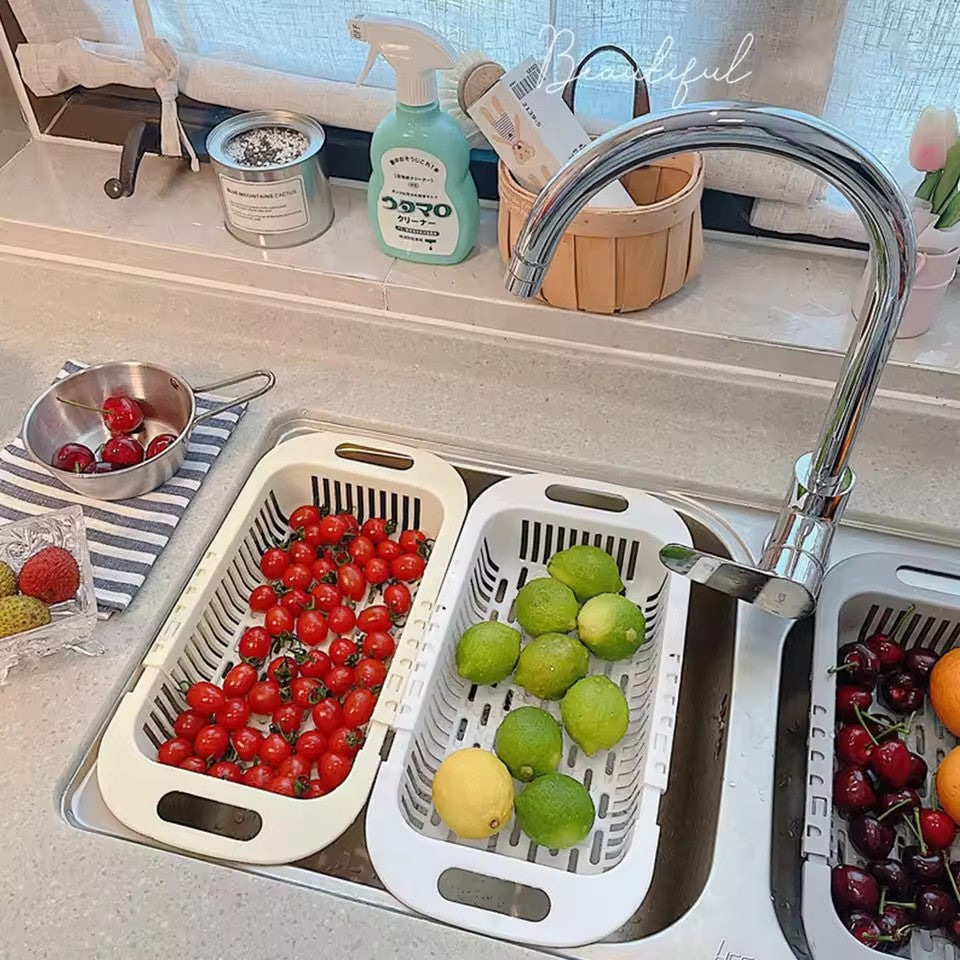 Prateleira de Armazenamento de Cozinha Suporte para Sabão Esponja Cesta Ajustável para Escorrer Vegetais Cesto de Pia Retrátil Ferramentas de Cozinha Multifuncionais