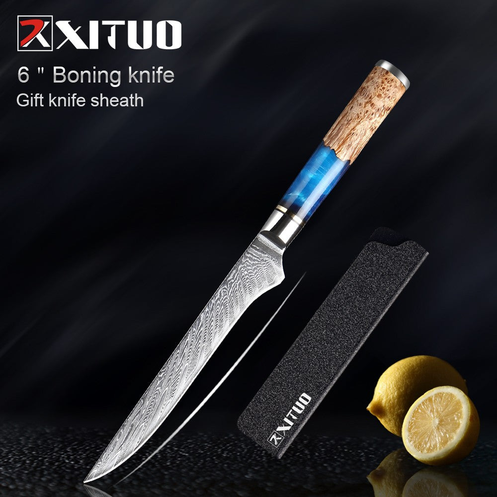 XITUO Kitchen Knives Set Damascus Steel VG10 Chef Knife Cleaver Paring Bread Knife Blue Resin Stabilised Wood Handle 1-7PCS set