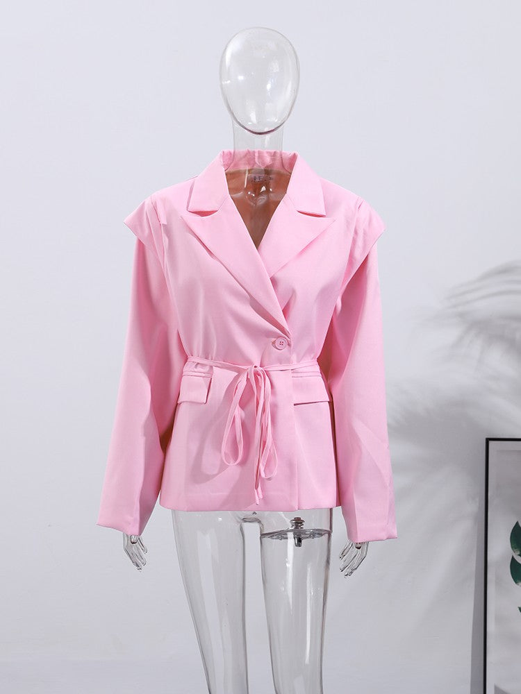 Lace Up Shoulder Pad Blazer Coat Women Elegant Turn-down Collar Long Sleeve Pockets Slim Fit Coats Chic Ladies Commute Outerwear