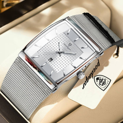 POEDAGAR Top Luxury Men Watch Stainless Steel Mesh Date Waterproof Luminous Man Wristwatch Casual Rectangle Quartz Men's Watches