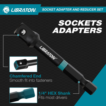 Adaptadores e Redutores de Soquete de Impacto de 1/4" 3/8" 1/2", Inclui Redutores, Juntas Universais, Extensão de Adaptador de Soquete, 20 peças