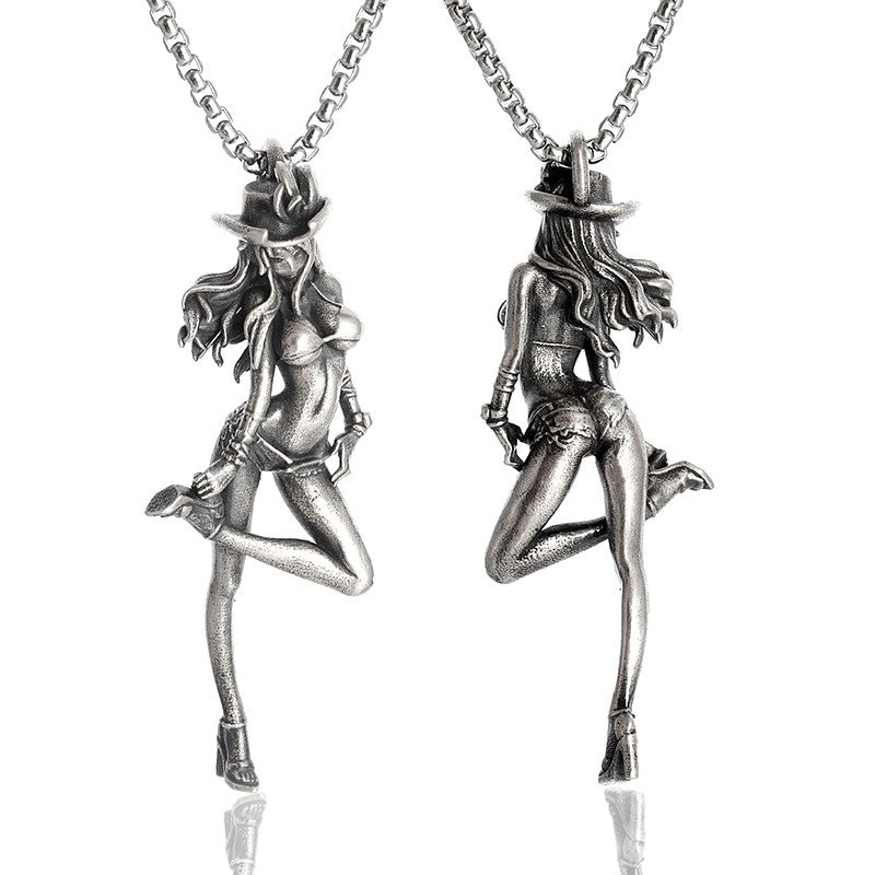 Colar Pingente Menina Bonita Anime Mecha Banhado a Prata Joia da Moda Hip-Hop Rock Punk Presente para Homens e Mulheres