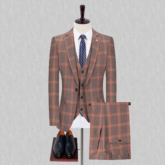 Men's Spring Autumn Wedding Suit 2024 Three-Piece Set Slim Fit Checkered British Style with Waistcoat And Trousers