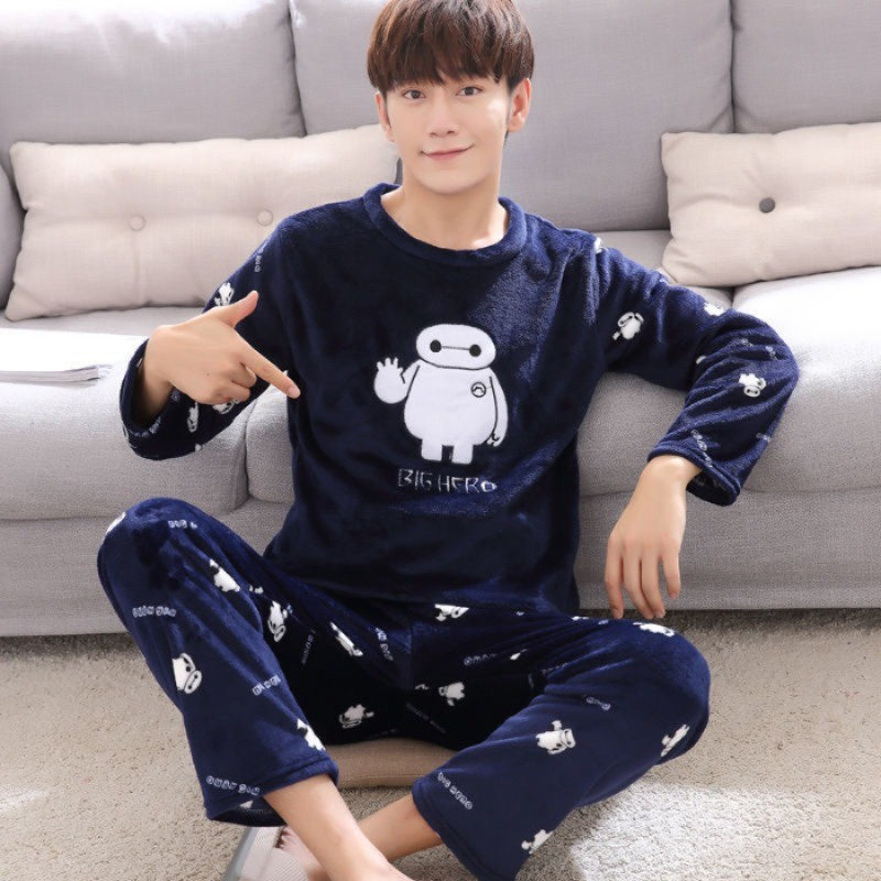 Autumn Winter New Coral Fleece Pajamas for Man Round Neck Long Sleeve Lounge Sets Man 2 Piece Fashion Printing Home Suit for Man