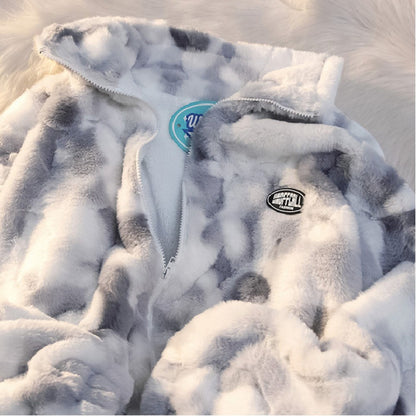 New Women's Tie Dye Lamb Fleece Jacket Autumn Winter Zipper Outerwear Warm Plush Jackets Harajuku Casual Loose Female Thick Coat