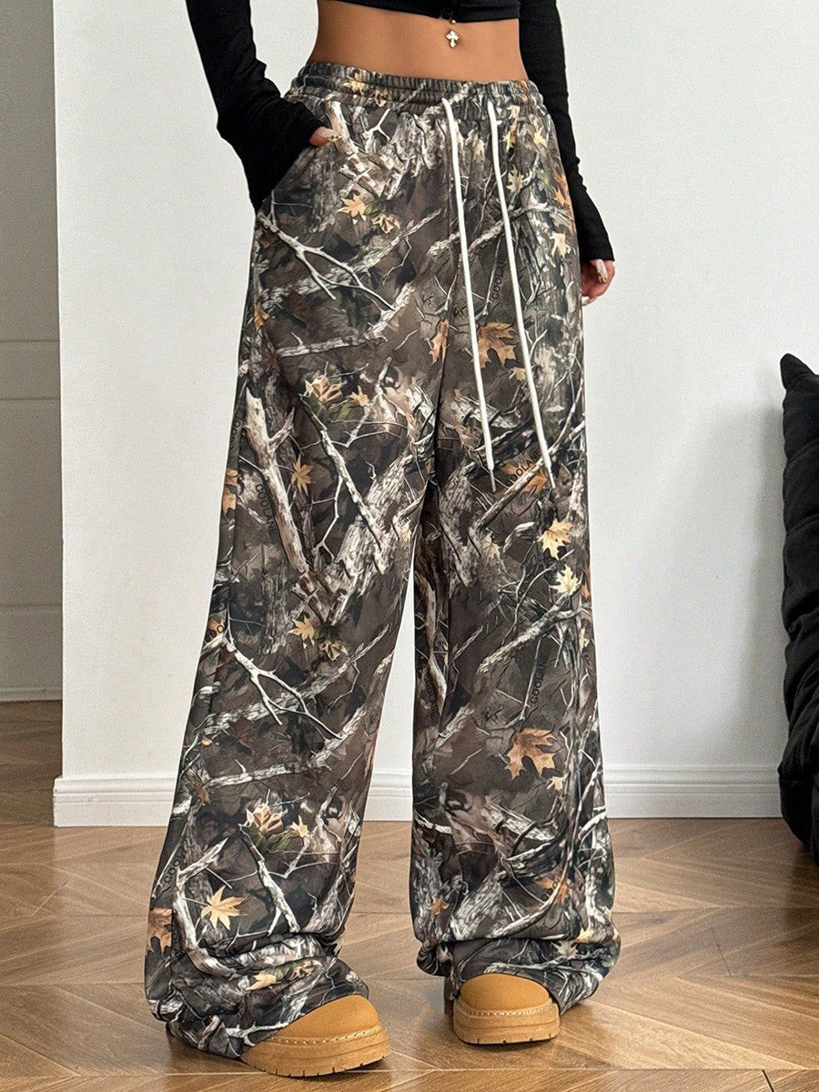 Women's Wide Leg Camo Pants Lightweight Elastic Waist Camouflage Print Loose Pants Trousers Y2K Vintage Streetwear