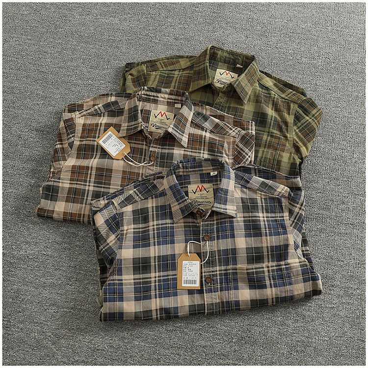 2024 Spring and Autumn New American Retro Woven Plaid Cargo Shirt Men's Simple 100% Cotton Washed Single Pocket Thin Jacket