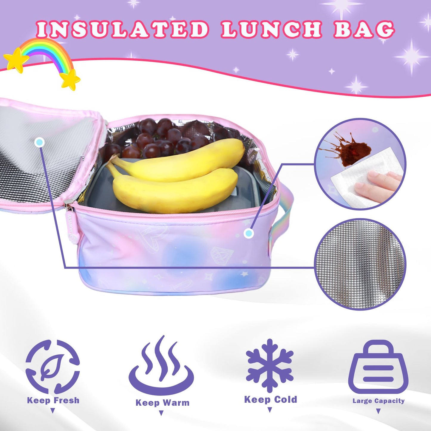 Mochila Escolar Feminina de 3 Peças Grande Capacidade Bolsa Escolar Infantil com Lancheira Estojo Bolsa de Viagem Presente Infantil