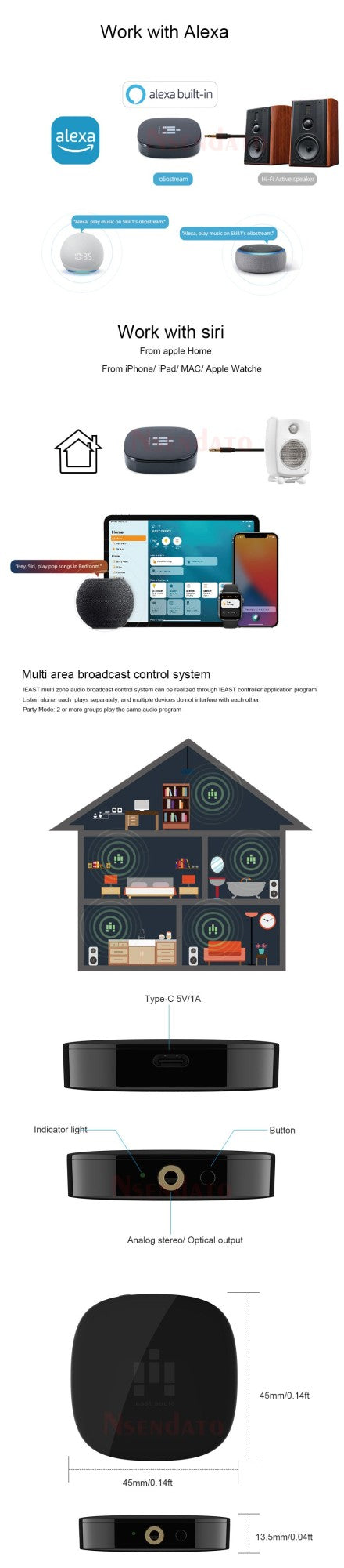 IEAST olio For DLNA Airplay 2 Adapter 2.4G/5G Wireless Wifi Bluetooth5.0 Music Audio MultiRoom Stream Receiver For Spotify alexa