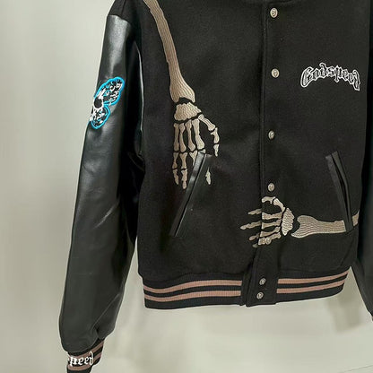 Real Photo GOD SPEED Baseball Jacket American Vintage Patchwork Leather Sleeves Unisex Embroidery Skeleton Jacket Coats