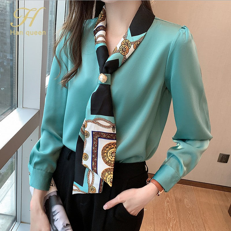 H Han Queen Spring Chiffon Simple Office Lady Blouse Female Shirt Bow Tops Long Sleeve Casual Korean OL Loose Blouses Women