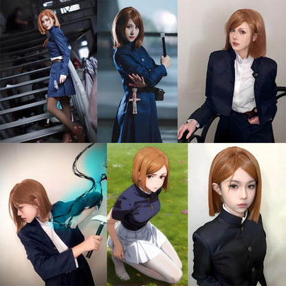 Anime Jujutsu Kaisen Kugisaki Nobara Cosplay Cabelo Composto 35cm Castanho Curto com Partição Lateral Peruca para Halloween Carnaval Festa Diária