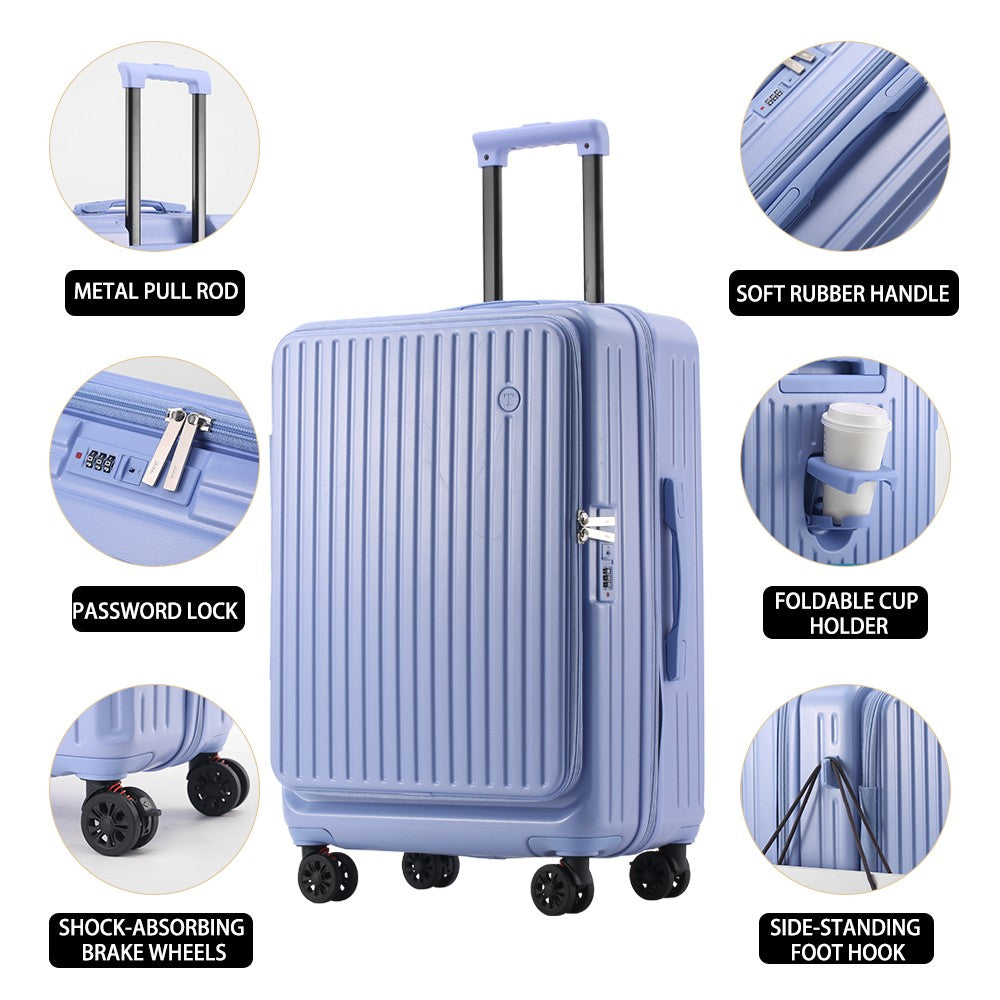 Large Capacity Expandable Suitcase Multi-Function Side Opening Luggage Boarding Case Cup Holder Shock-Absorbing Brake Wheels