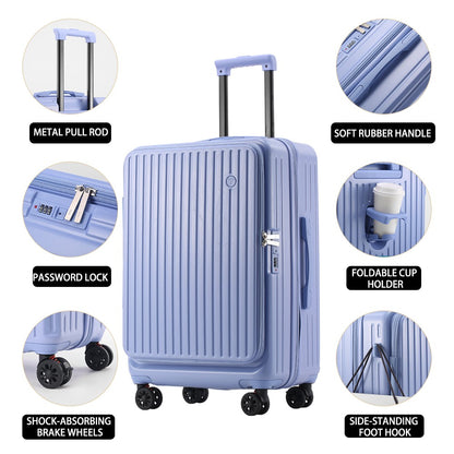 Large Capacity Expandable Suitcase Multi-Function Side Opening Luggage Boarding Case Cup Holder Shock-Absorbing Brake Wheels