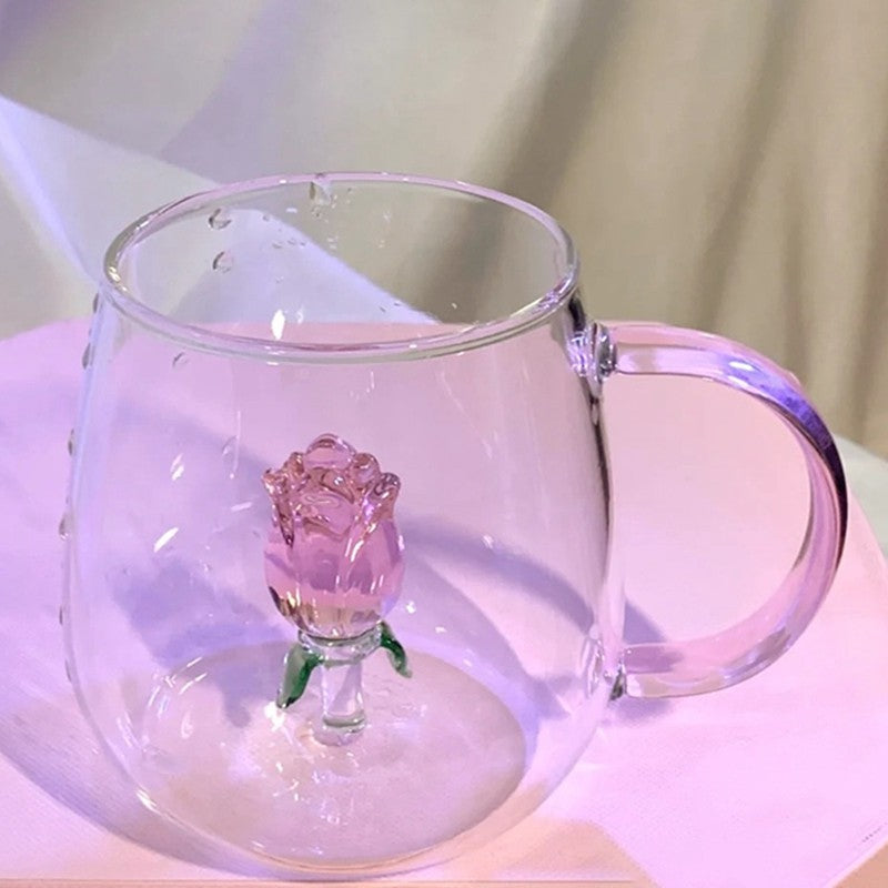 Copo de Vidro INS Copo Térmico Resistente ao Calor Transparente para Suco Leite Café Design Único Copo de Vidro Rosa 3D Copos de Água Utensílios de Bar