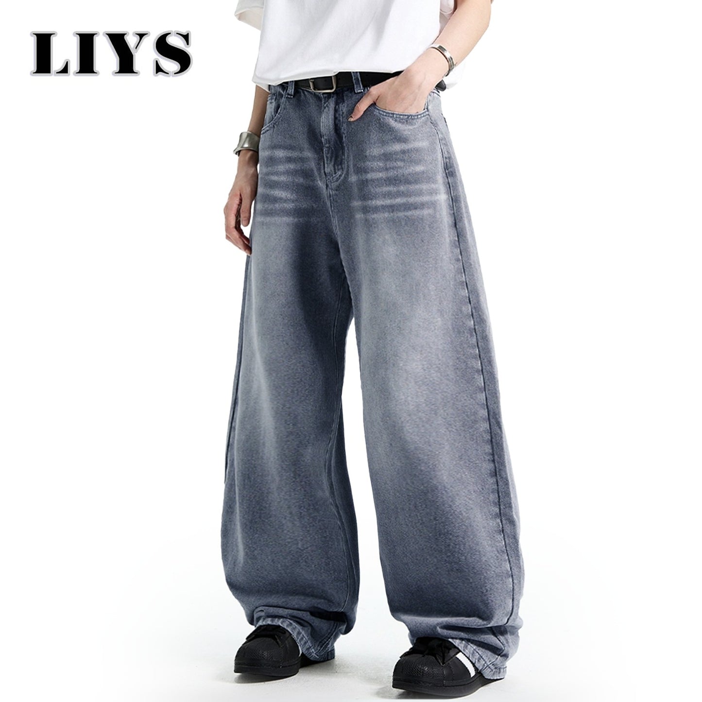 Calça Jeans Masculina Americana Retrô Lavada Branca Polida Solta Perna Larga Casual para o Dia a Dia Unissex Baggy Calça Jeans Masculina