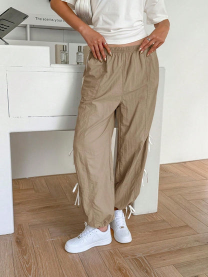 Fisoew Womens Wide Leg Track Pants Casual Elastic Waist Bow Tie Y2K Baggy Sweatpants with Pockets