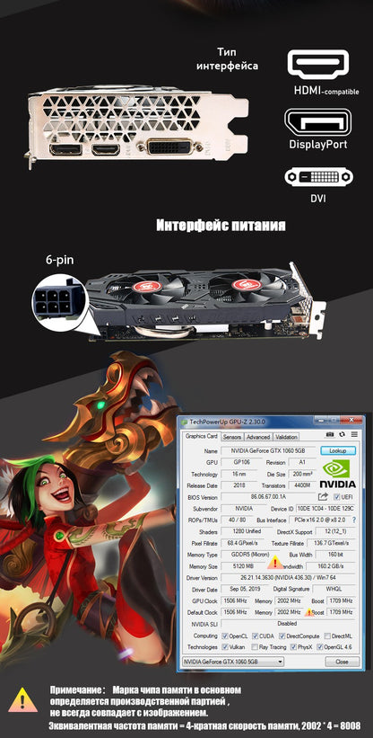 Placa de vídeo VEINEDA 1060 5gb 1506MHz 192Bit GDDR5 para placas nVIDIA, mais potente que gtx960 4gb, recondicionada