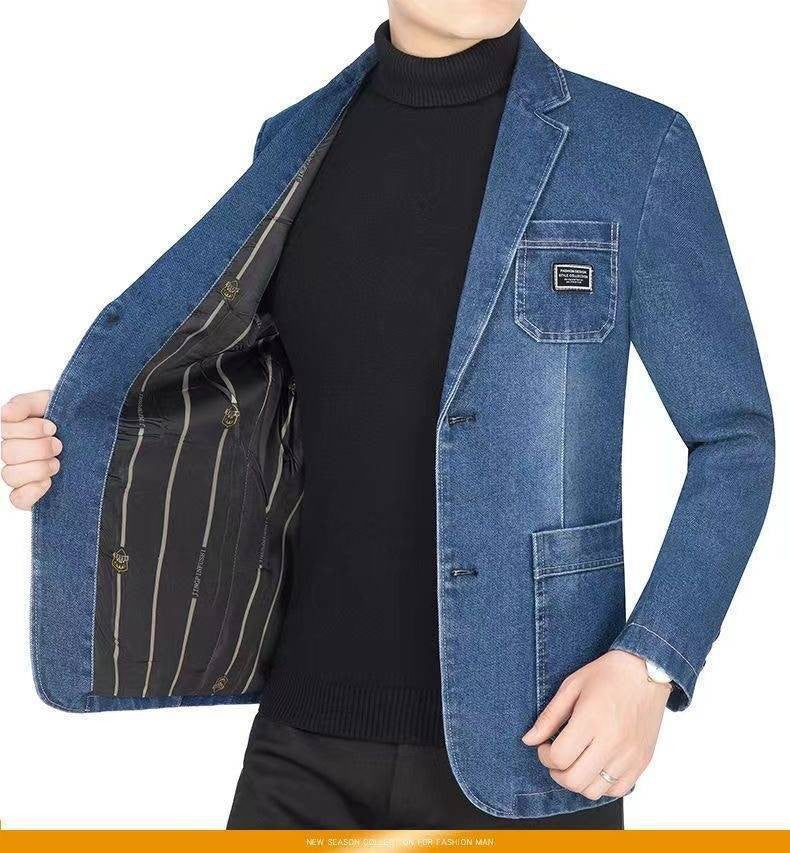 New 2025 Men's Spring Autumn Denim Suit Jacket Suit Collar Jeans Jacket High-end Coat Trend Single West Men Casual  Men Clothing