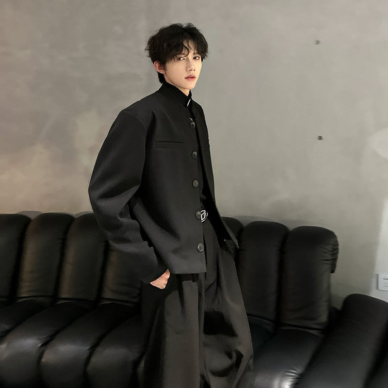 Wine Red Blazers Men Suit Jackets Casual Stand Collar Solid Color Male Short Coats Korean Trendy Men's Clothing Autumn New