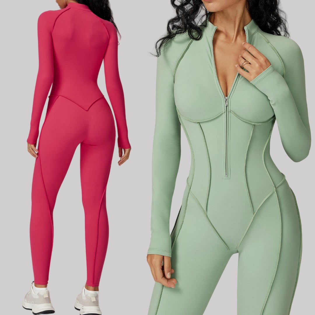 Seamless Yoga Jumpsuit Peach Hip High Elasticity Zipper Bodysuit Long Sleeves One-Piece Workout Clothes Gym Leggings Sportswear