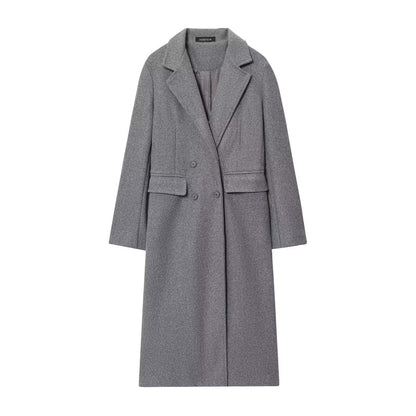 HH Women Fashion Burgundy Woolen Coat Double Breasted Long Sleeve Lapel Blends Jacket Autumn Winter High Street Outerwear