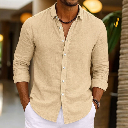 Men's Linen Shirt Summer Beachwear Button Solid Color Cotton Linen Long Sleeve Shirt Vacation Men's Clothing Fast Shipping