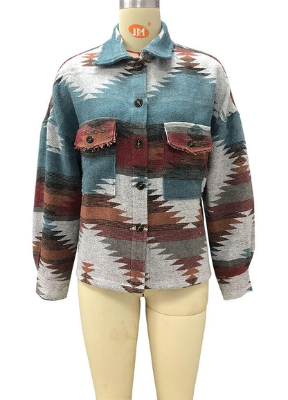 Vintage Jacket Women Splicing Loose Jacket Denim Print Aztec Retro Ethnic Style Long Sleeved Shirt Streetwear Female Goth Coat