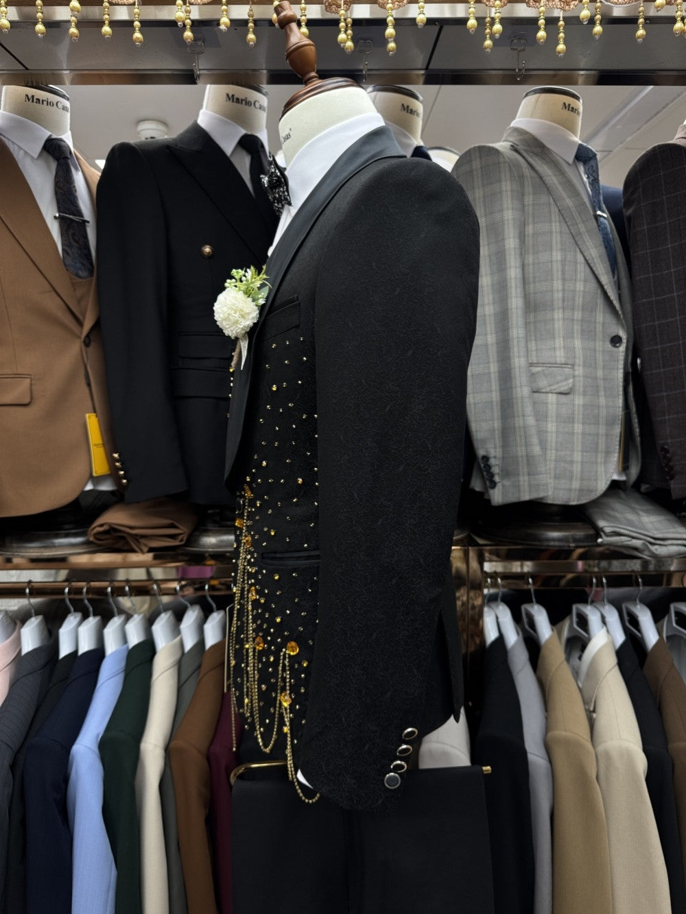 New Golden Beaded Tassel Suit Set Dancing Wear Luxury Classic Men's Suits 3 Pieces Blazer Vest Pants Wedding Groom Sets