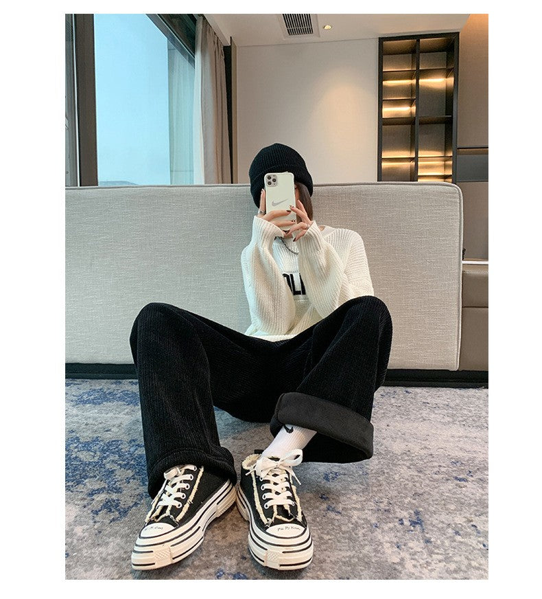 Women's Fleece Wide Leg Pants Winter High Waist Long Pants Loose Casual