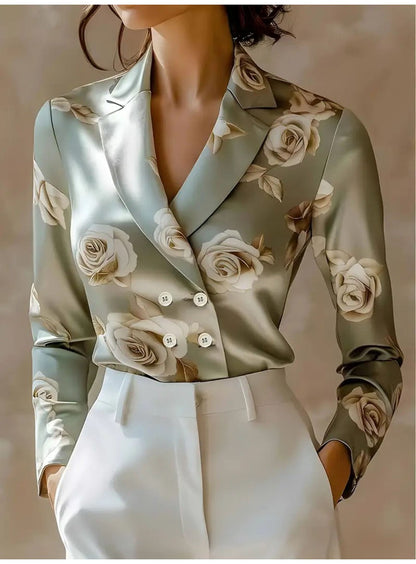 Fashion Flower Print Shirts For Women 2025 Autumn Winter Long Sleeve Turn-down Collar Loose Blouses Tops Elegant