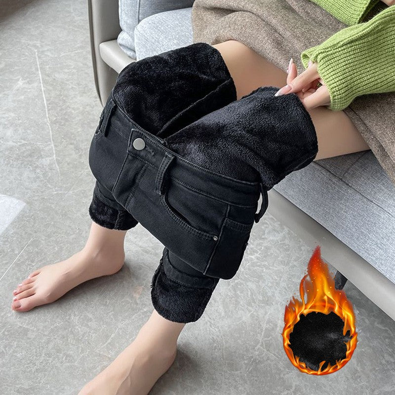 Winter Women Chic Fleece Thermal High Waist Jeans Lady Snow Warm Plush Denim Pants Girls Classic Fashion Straight Leg Trousers
