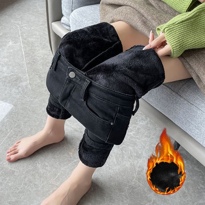 Winter Women Chic Fleece Thermal High Waist Jeans Lady Snow Warm Plush Denim Pants Girls Classic Fashion Straight Leg Trousers