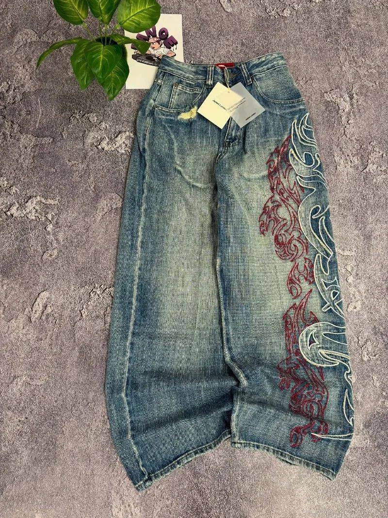 Calça Jeans Larga Y2K Masculina Americana com Bordado e Novo Padrão, Estilo High Street Vintage Hip Hop Moda Casual Joker para Casais