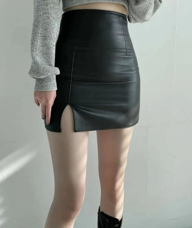 Xpqbb Balck PU Leather Mini Skirt Women Sexy Skinny High Waist Side Split Hip Skirts Autumn New Korean Office Lady Short Skirt