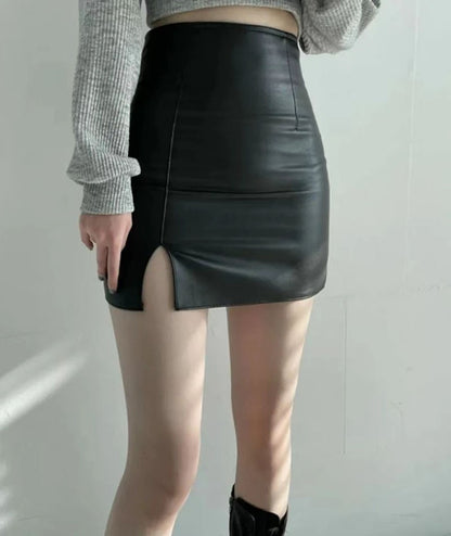 Xpqbb Balck PU Leather Mini Skirt Women Sexy Skinny High Waist Side Split Hip Skirts Autumn New Korean Office Lady Short Skirt