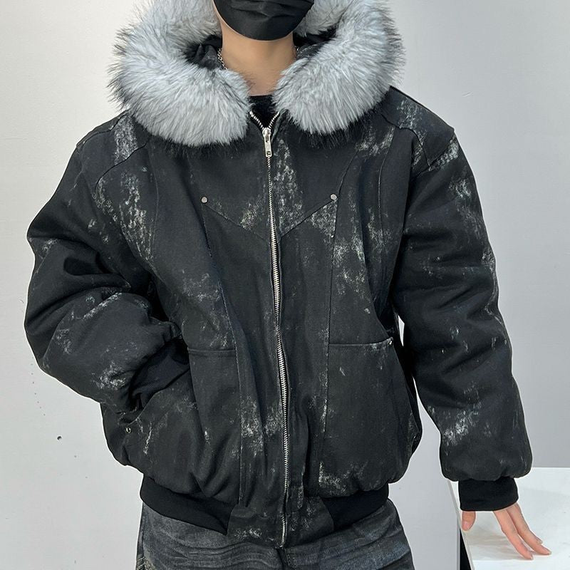 Cotton jacket with fur collar eagle embroidered and tie-dyeed winter men's design outdoor jacket thick and comfortable