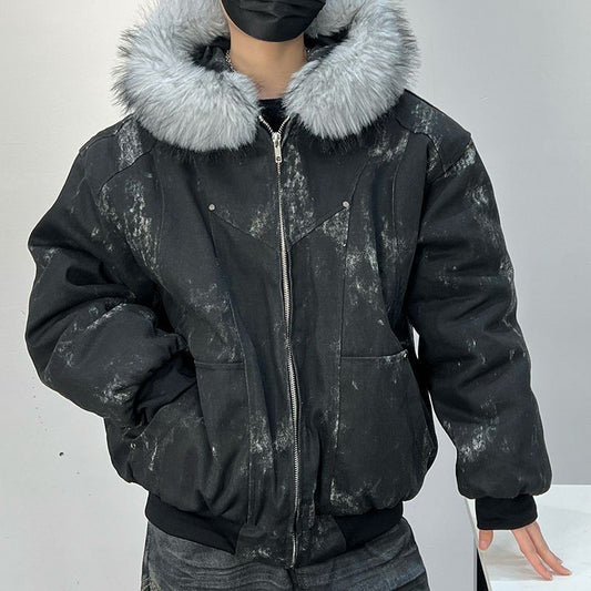 Cotton jacket with fur collar eagle embroidered and tie-dyeed winter men's design outdoor jacket thick and comfortable