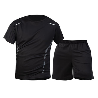 2-Piece Men's Summer Quick drying Sports Suit Loose And Breathable Short Sleeved T-shirt Running And Fitness Black Pocket Shorts